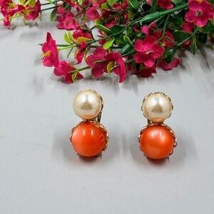 Elegant Pearl and Sunset Orange Vintage Clip On Earrings